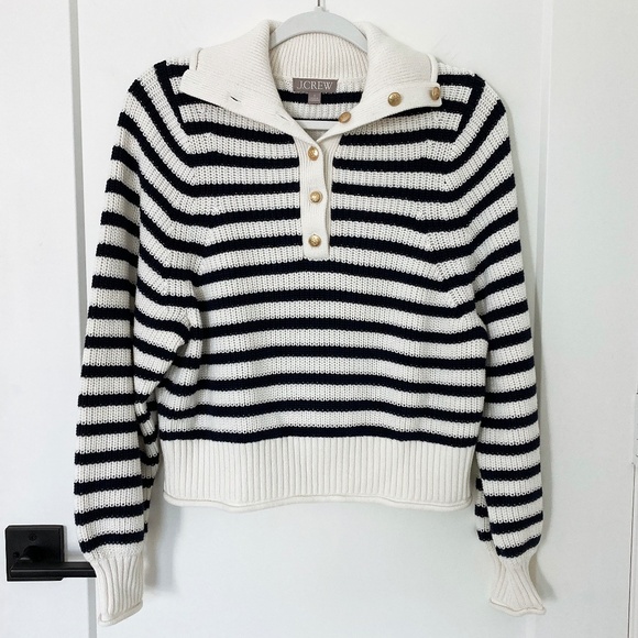 J. Crew Ribbed Cotton Button-Collar Sweater in Navy/White Stripe - S - Picture 1 of 5